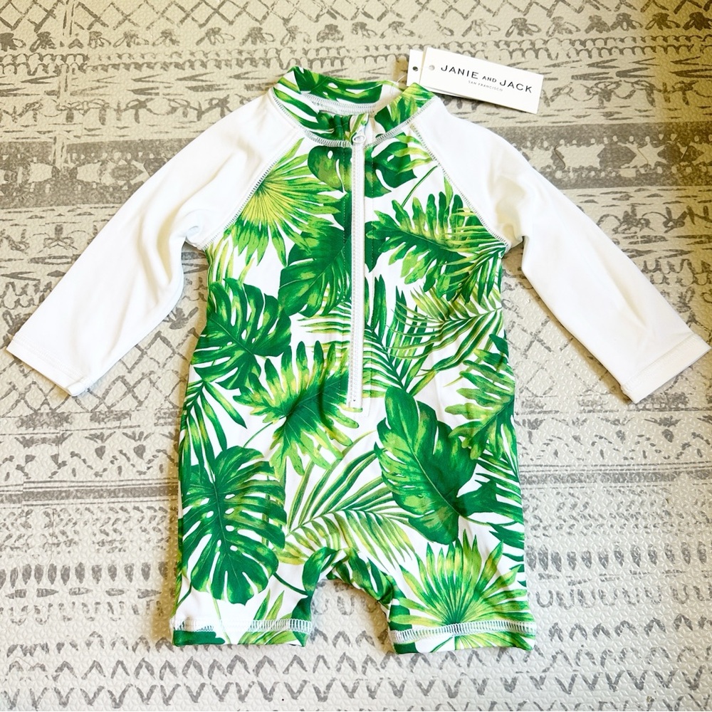 Janie and Jack Rashguard Swim Romper White Green 3-6M NWT - Picture 1 of 4
